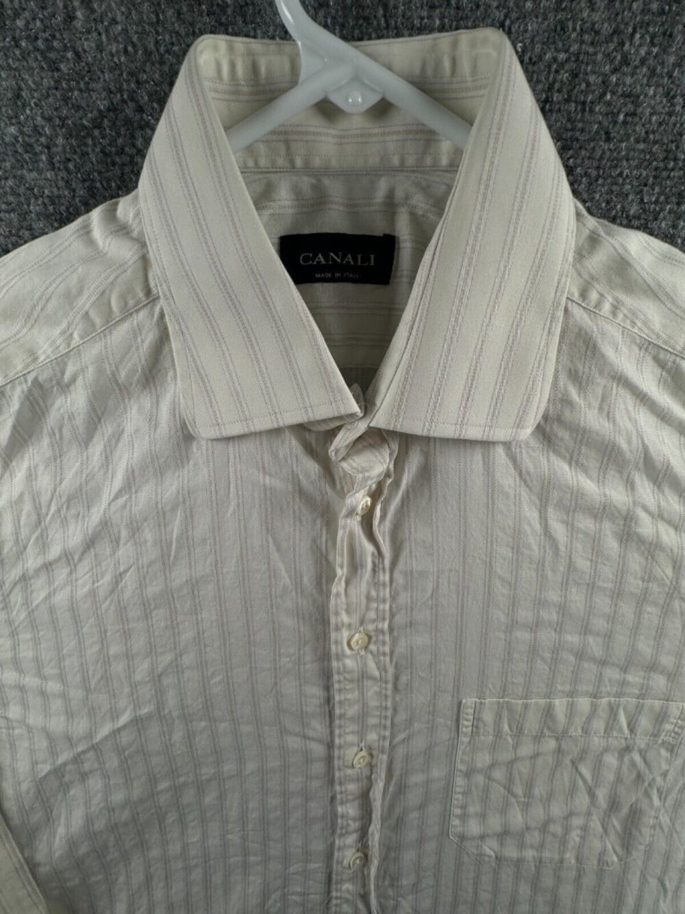 Canali Button Up Shirt Men Long Sleeve Cotton Size 16.5 Striped Beige White